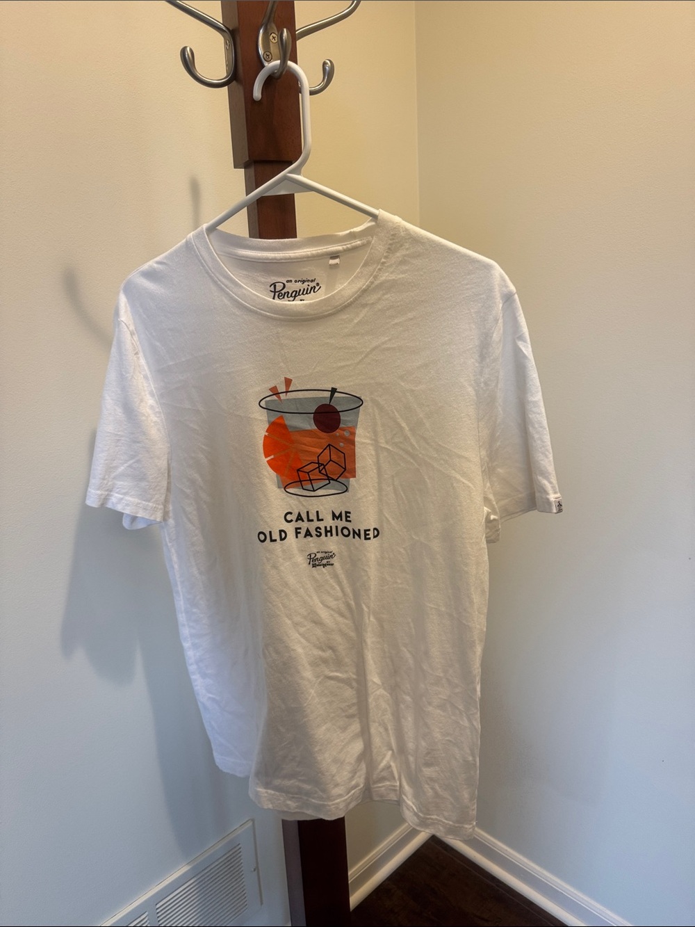 Original Penguin Women's White Short Sleeve Tee with Black & Orange Graphic